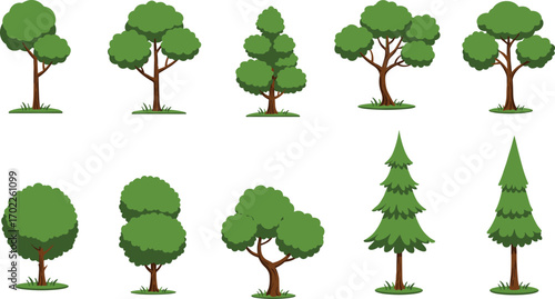 Cartoon vector set of different green trees including pines, deciduous trees, and bushes for nature, forest, or park scenes.
