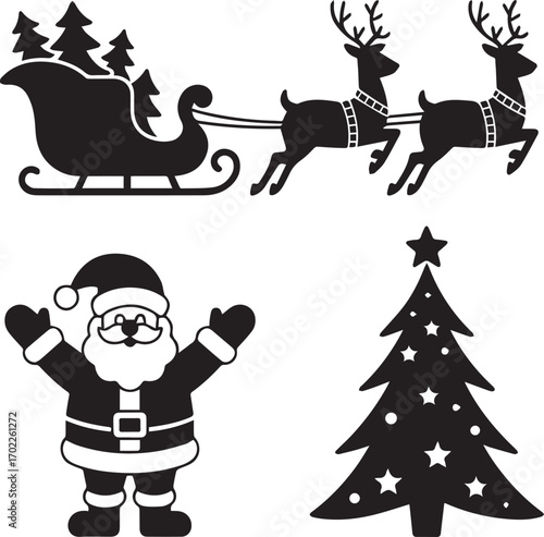 Festive christmas icons silhouette set santa sleigh reindeer and tree for holiday design