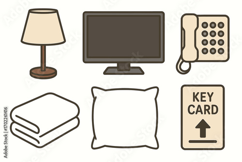 Hotel room essentials: lamp, tv, phone, towels, pillow, key card