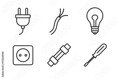 Electrical tools and components: plug, wire, bulb, socket, fuse, screwdriver icons