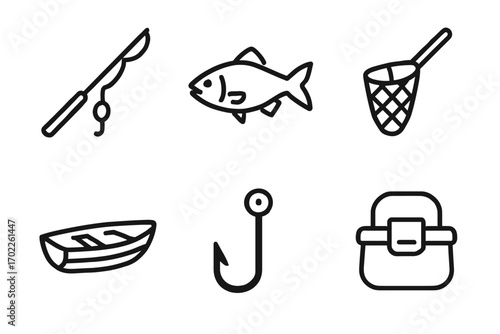 Fishing equipment icons: rod, fish, net, boat, hook, tackle box