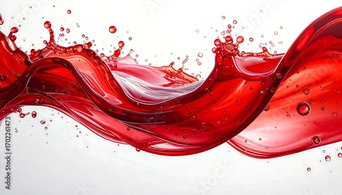 Dynamic red liquid splash creating an elegant wave with droplets against a clean white background.