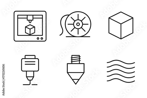 3d printing icons: printer, filament, cube, nozzle, wave lines