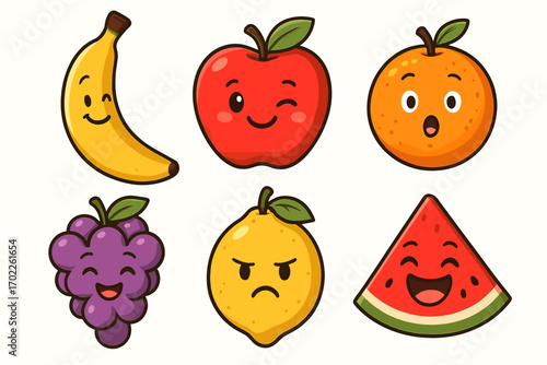 Cute cartoon fruits with expressive faces in vibrant colors