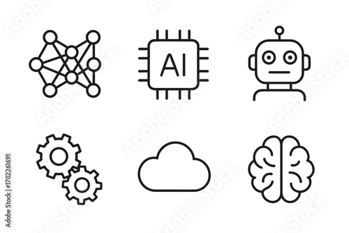 Artificial intelligence and technology icons: network, microchip, robot, gears, cloud, brain