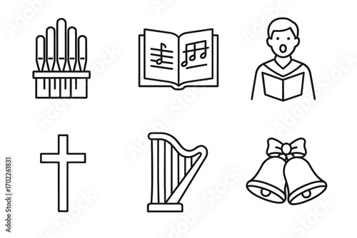 Church music symbols: organ, hymnbook, choir boy, cross, harp, bells