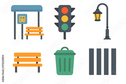 Urban elements: bus stop, traffic light, street lamp, bench, trash can, crosswalk icon set