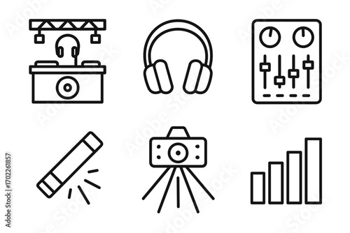 Dj equipment and music gear icons: headphones, mixer, lighting, camera, sound control