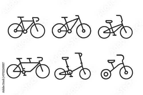 Simple bicycle icon set in black and white featuring various designs