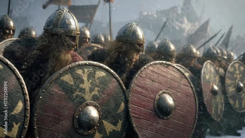 Fierce Viking warriors with bearded faces, round shields, and metal helmets in snow, marching together in a historical battlefield scene