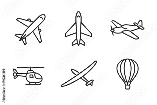 Set of outline icons: airplane, helicopter, glider, hot air balloon