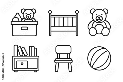 Outline icons of baby toys and furniture: teddy bear, crib, bookshelf, chair, ball