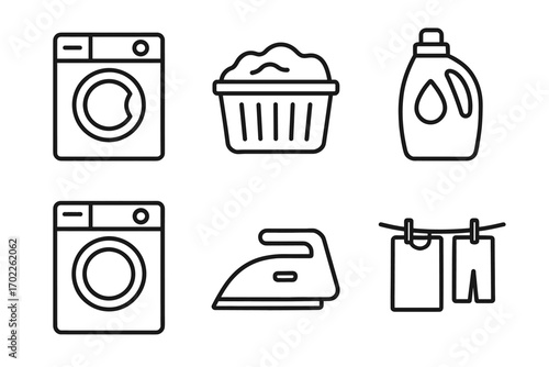 Laundry symbols: washing machine, detergent, iron, clothesline, basket