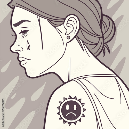Melancholy crying face emoji with a unique dripping ink tattoo effect perfect for expressive graphic design and artistic projects