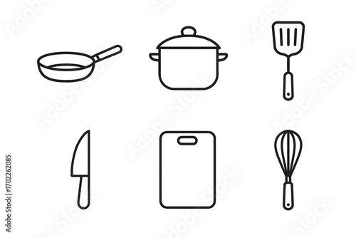 Simple kitchen utensil icons set: frying pan, pot, spatula, knife, cutting board, whisk