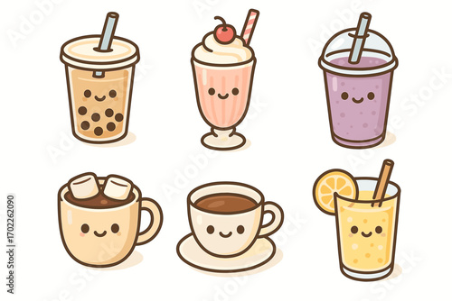 Cute kawaii style beverages: bubble tea, milkshake, smoothie, hot chocolate, coffee, lemonade
