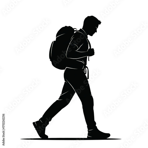 Silhouette of a person walking with a backpack isolated on transparent background