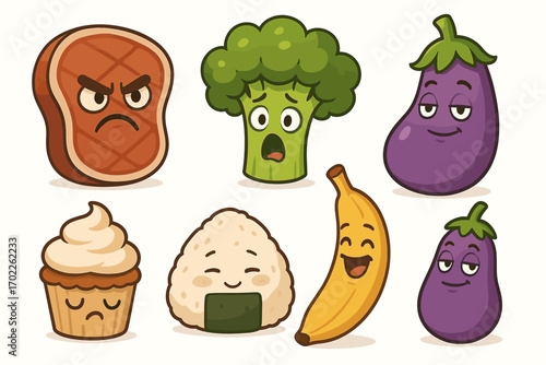 Cartoon food characters with funny expressions: meat, broccoli, eggplant, cupcake, rice ball, banana