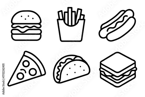 Minimalist fast food icons: burgers, fries, hot dogs, pizza, tacos, sandwiches
