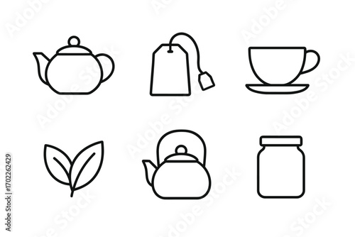 Tea icons: teapot, teacup, tea bag, leaves, kettle, jar