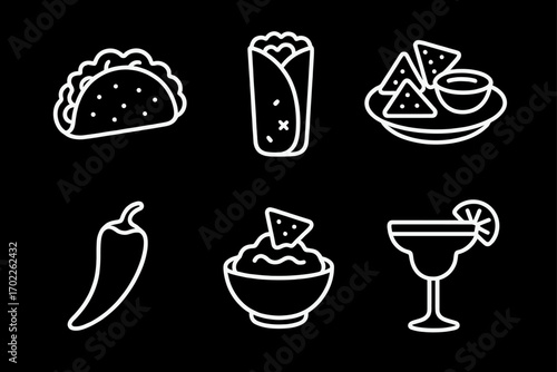Mexican food icons: taco, burrito, nachos, pepper, salsa, margarita