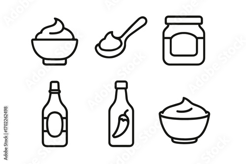 Line icons of condiments: sauces, jars, and bowls