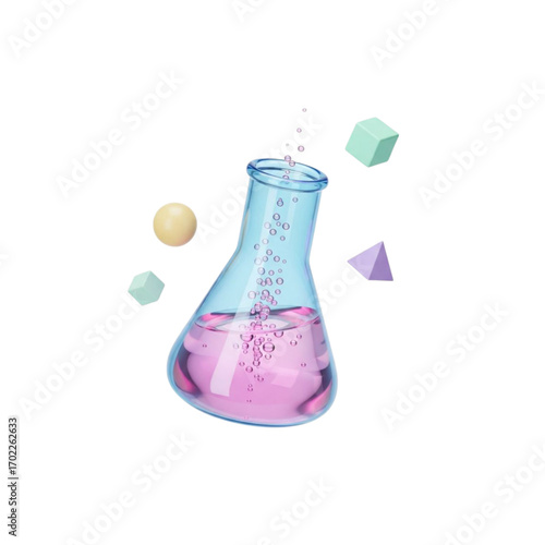 Pink liquid in a laboratory flask with geometric shapes isolated on transparent background