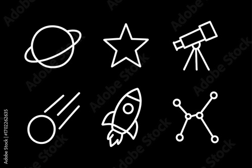 Space icons: saturn, star, telescope, meteor, rocket, constellation in white on black