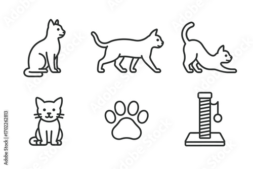 Set of cat illustrations: sitting, walking, stretching, kitten, paw, scratching post