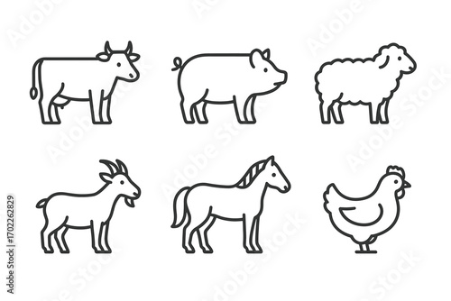 Outline illustrations of farm animals: cow, pig, sheep, goat, horse, chicken