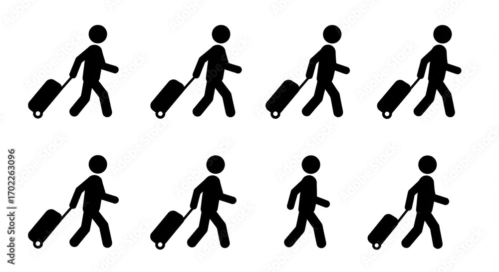 Naklejka premium Group of simple stick figure icons walking with rolling luggage in a repeating pattern