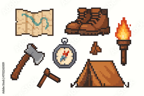Retro pixel art camping icons: map, boots, axe, compass, tent, torch