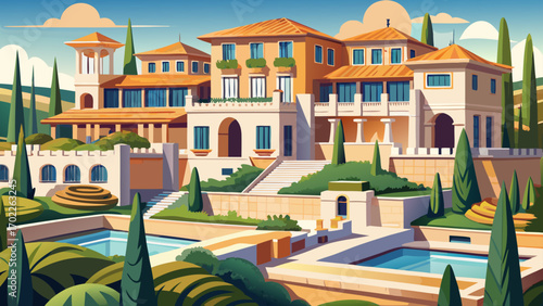 Sleek fragment of a European villa complex, showcasing beige stone walls, rooftop decks, and elegant water features, representing refined taste and exclusive residential design.