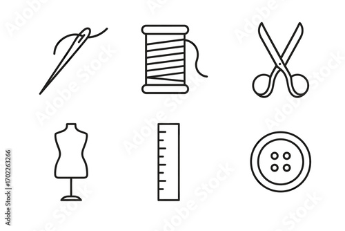 Sewing tools: needle, thread, scissors, mannequin, ruler, button icons