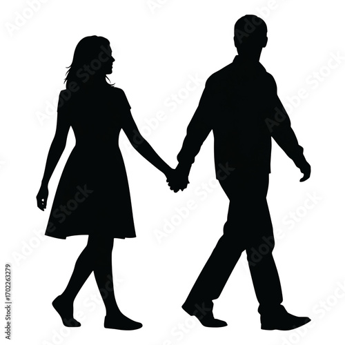Silhouette of a couple holding hands walking together isolated on transparent background