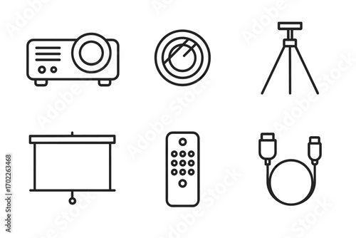 Projector and accessories: tripod, screen, remote, cables, lens icons