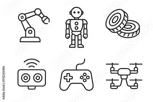 Line art of robotics and technology icons: arm, robot, wheels, controller, drone