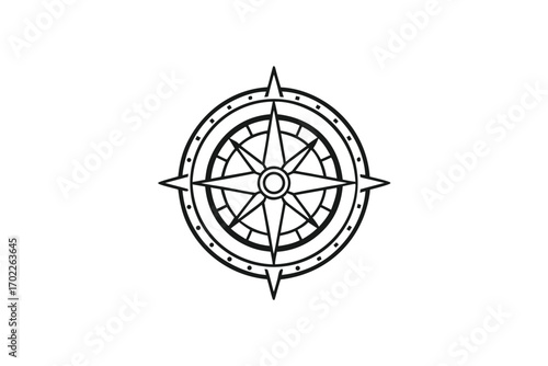 Round Compass Rose Outline on White Background, Navigation Symbol Design