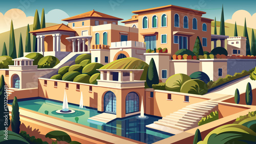 Sleek fragment of a European villa complex, showcasing beige stone walls, rooftop decks, and elegant water features, representing refined taste and exclusive residential design.