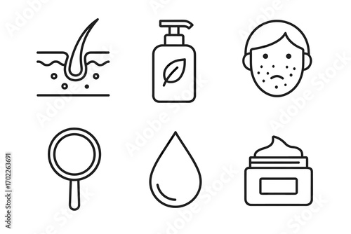 Skin care outline icons: acne, lotion, hair, magnifying glass, water droplet, cream