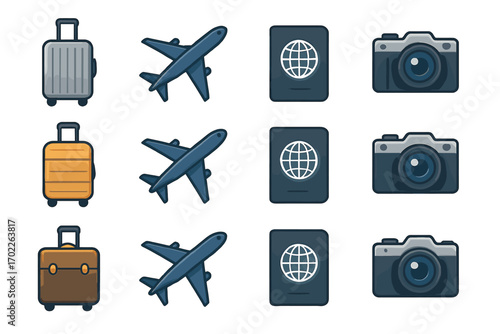 Travel essentials icons: luggage, airplane, passport, camera - vector set
