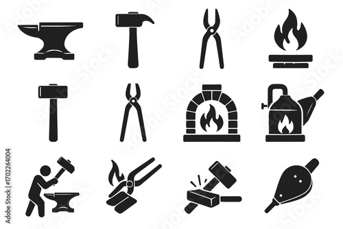 Blacksmith tools and forge symbols - anvil, hammer, tongs, forge, bellows icons