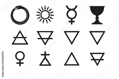 Alchemy symbols collection including ouroboros and chalice
