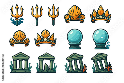 Ocean-themed emblems: tridents, shells, crowns, crystal balls, and ancient temples