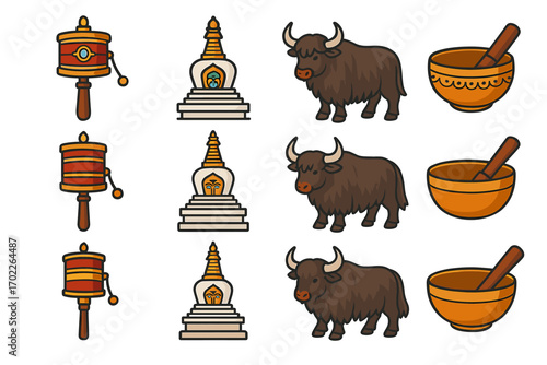 Buddhist symbols and cultural icons: prayer wheels, stupas, yaks, and singing bowls