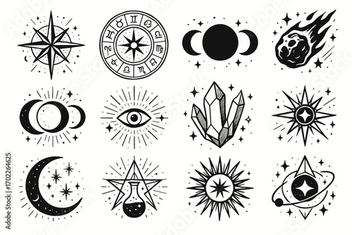 Astrology and celestial symbols: zodiac wheel, phases, meteor, crystals, eye