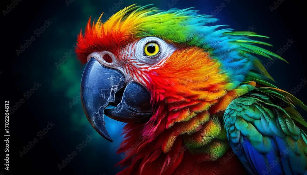 Obraz premium a vibrant parrot with a colorful plumage showcasing striking hues of blue green yellow and red against a dark background