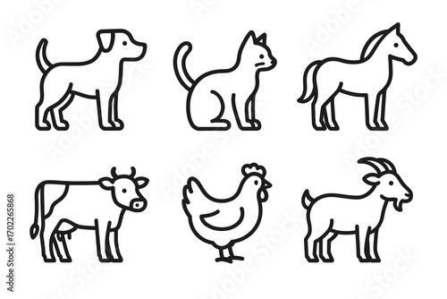 Simple line art of farm animals including dog, cat, horse, cow, chicken, goat