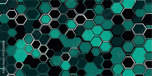 Geometric seamless leopard skin honeycomb pattern with a hexagonal metal grid, a black technology texture illustration