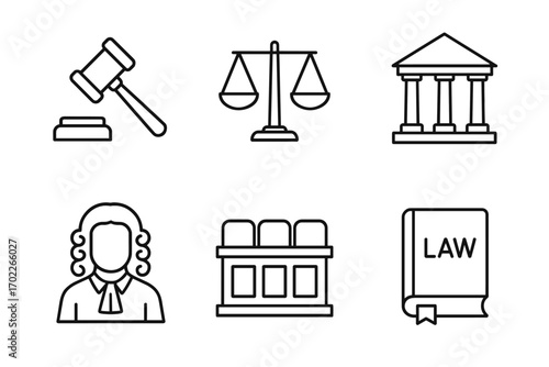 Legal icons set featuring gavel, scales of justice, courthouse, lawyer, jury, and law book